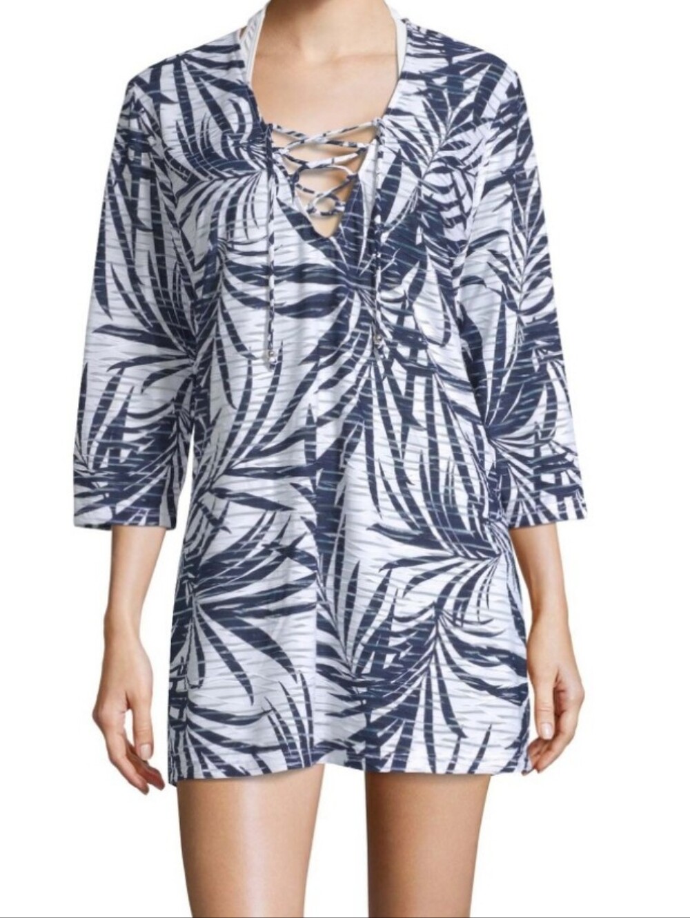 Portocruz Women's Blue Leaf-Print Swim Cover-Up Tunic Size Medium